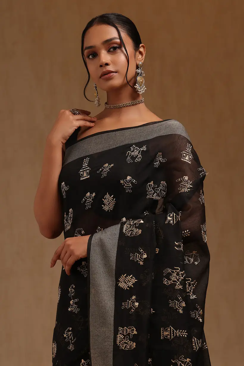 Black Chanderi Warli Embroidered Saree With Thread Work